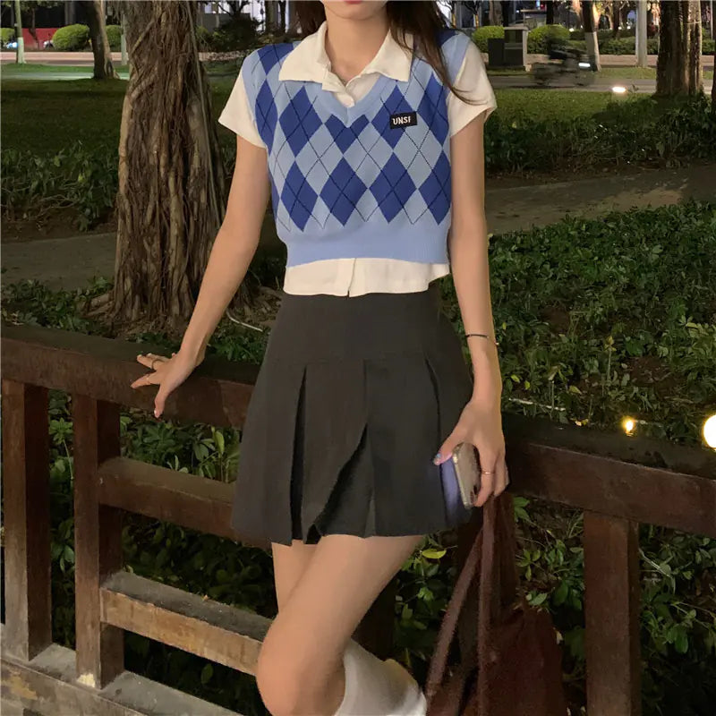 Summer American Rhombus Blue Cropped Knitted Vest for Women