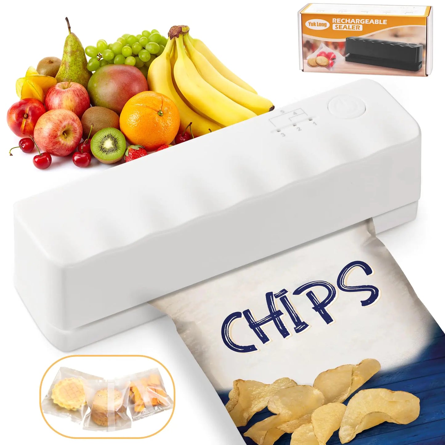 Mini Bag Sealer Rechargeable：Kitchen Gadgets Food Sealing Machine Food Storage - 3000mAH Portable Sealer with 5 Sealing Gear for Picnic Chip Bags Plastic Bags Snacks(White)
