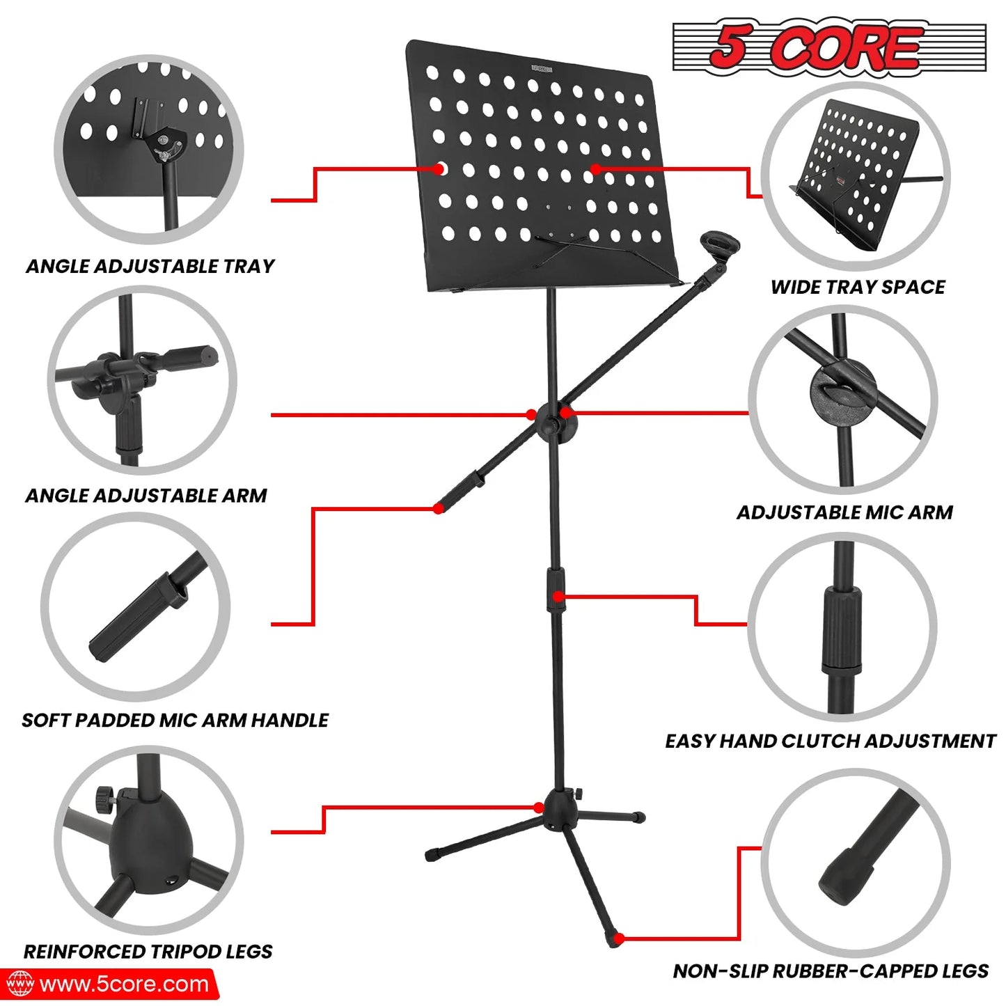 5Core Music Stand for Sheet Music Portablr Folding Tripod + Detachable Mic Holder