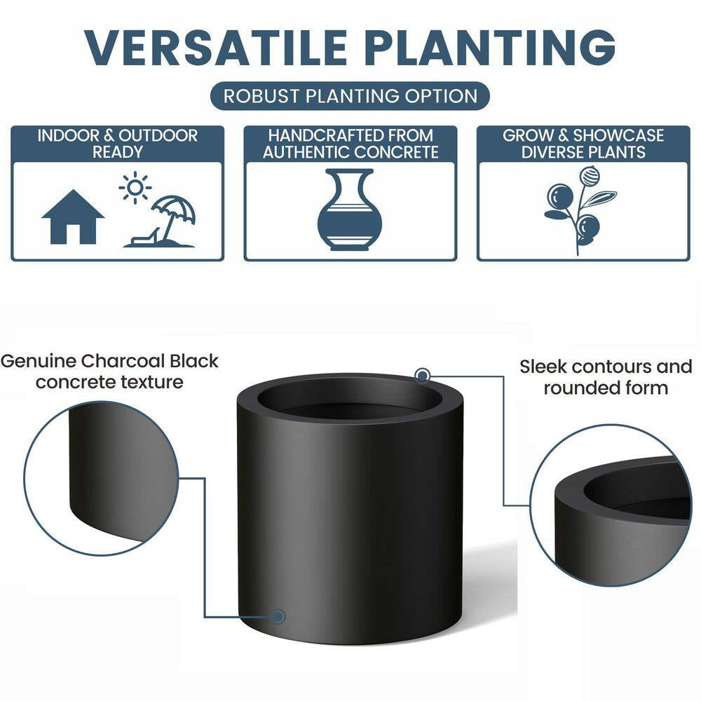 10 In. W X 10 In. H Charcoal Black Large Tall round Concrete Planter / Garden Plant Pot for Indoor and Outdoor