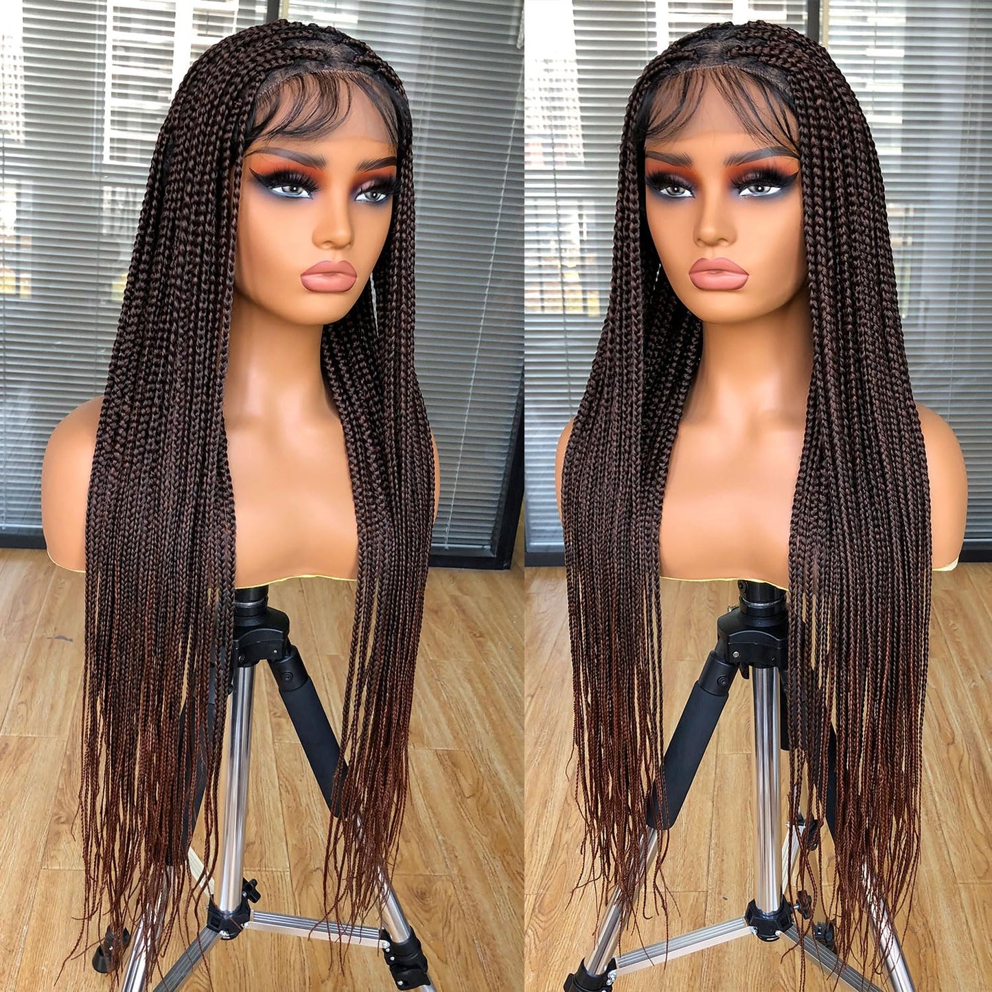 Runm 36" Ombre Brown Full Lace Front Box Braided Wig for Black Women - Hand Braided Synthetic Wig with Baby Hair