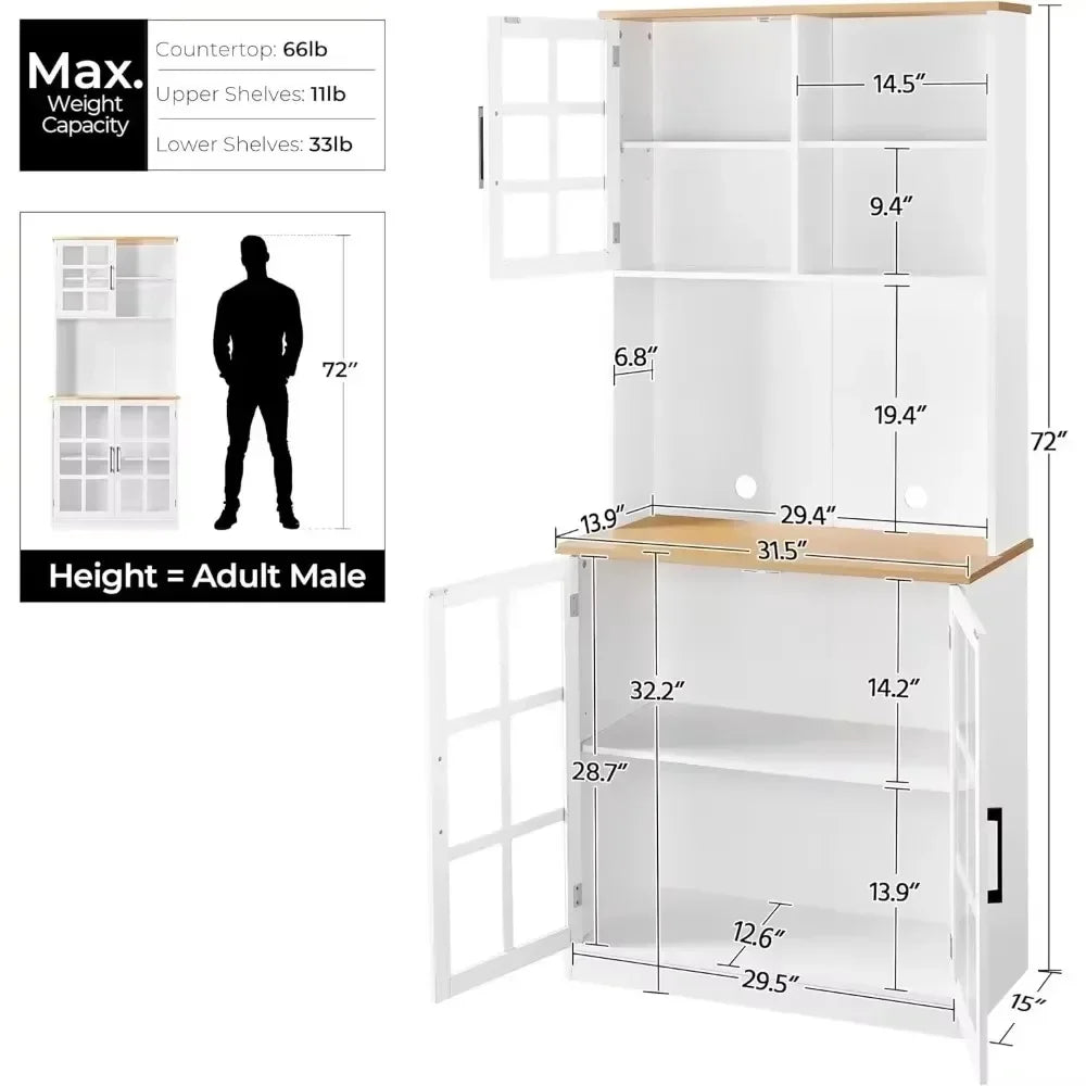 Stylish 72'' Kitchen Pantry Storage Cabinet with Hutch - Versatile Buffet Cupboard with Glass Doors and Ample Countertop Space