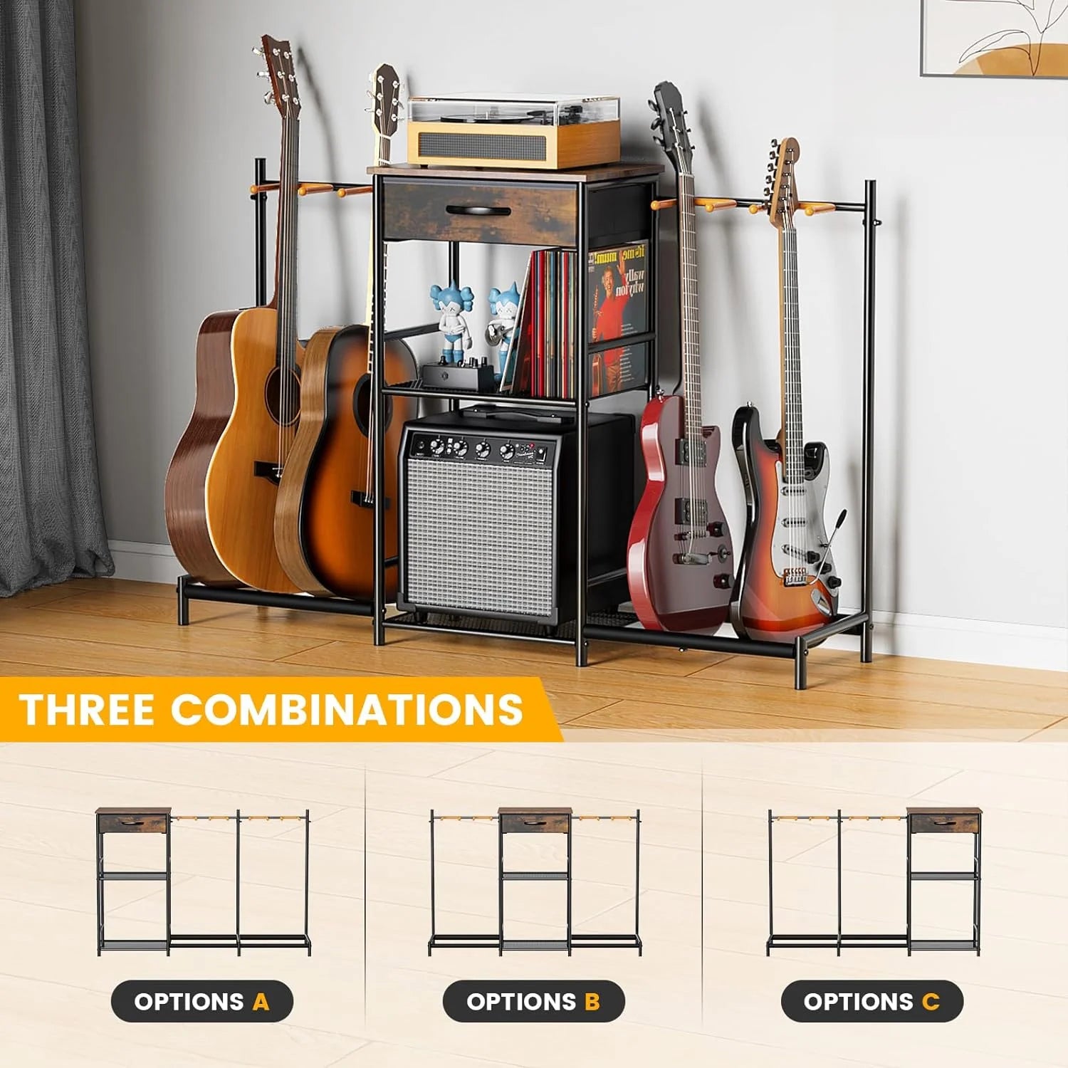 4-Tier Adjustable Guitar Stand with Amp Holder & Cloth Drawer - Perfect Display for Music Rooms & Home Studios