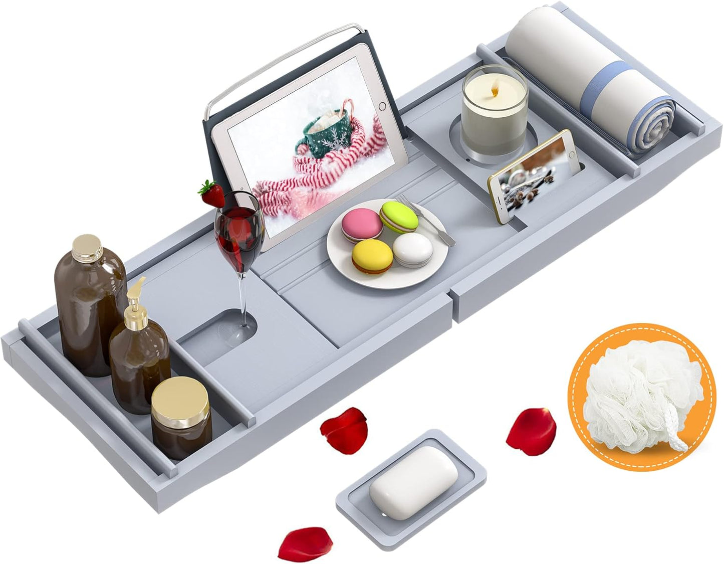 Bathtub Caddy Tray Expandable Bamboo Tub Tray for Luxury Bath with Book Holder and Free Soap Dish (Gray, 29.4"-44.2"X 9.1"X1.65")