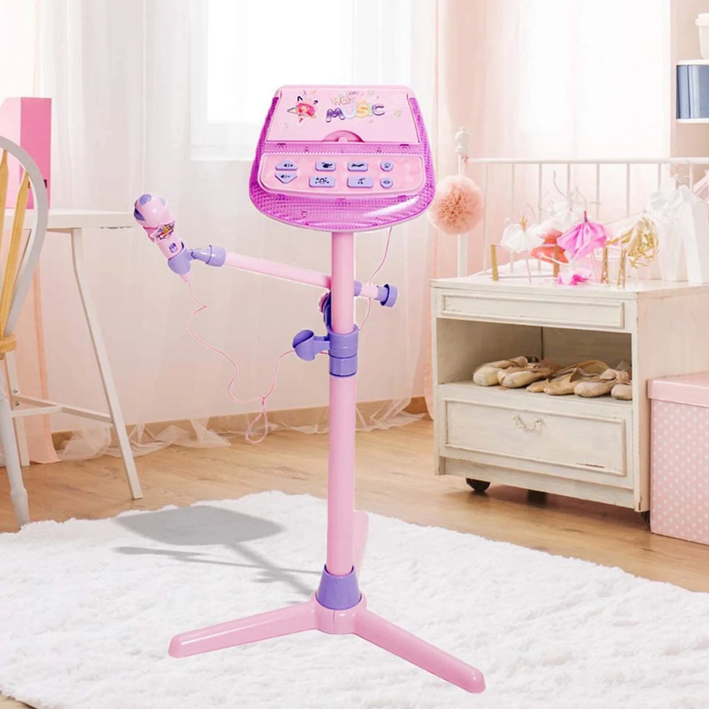 Kids Karaoke Machine Microphone Musical Toys - Girls Pink Singing Karaoke Adjustable Stand Music Instruments Sound & Flashing Lights Toy