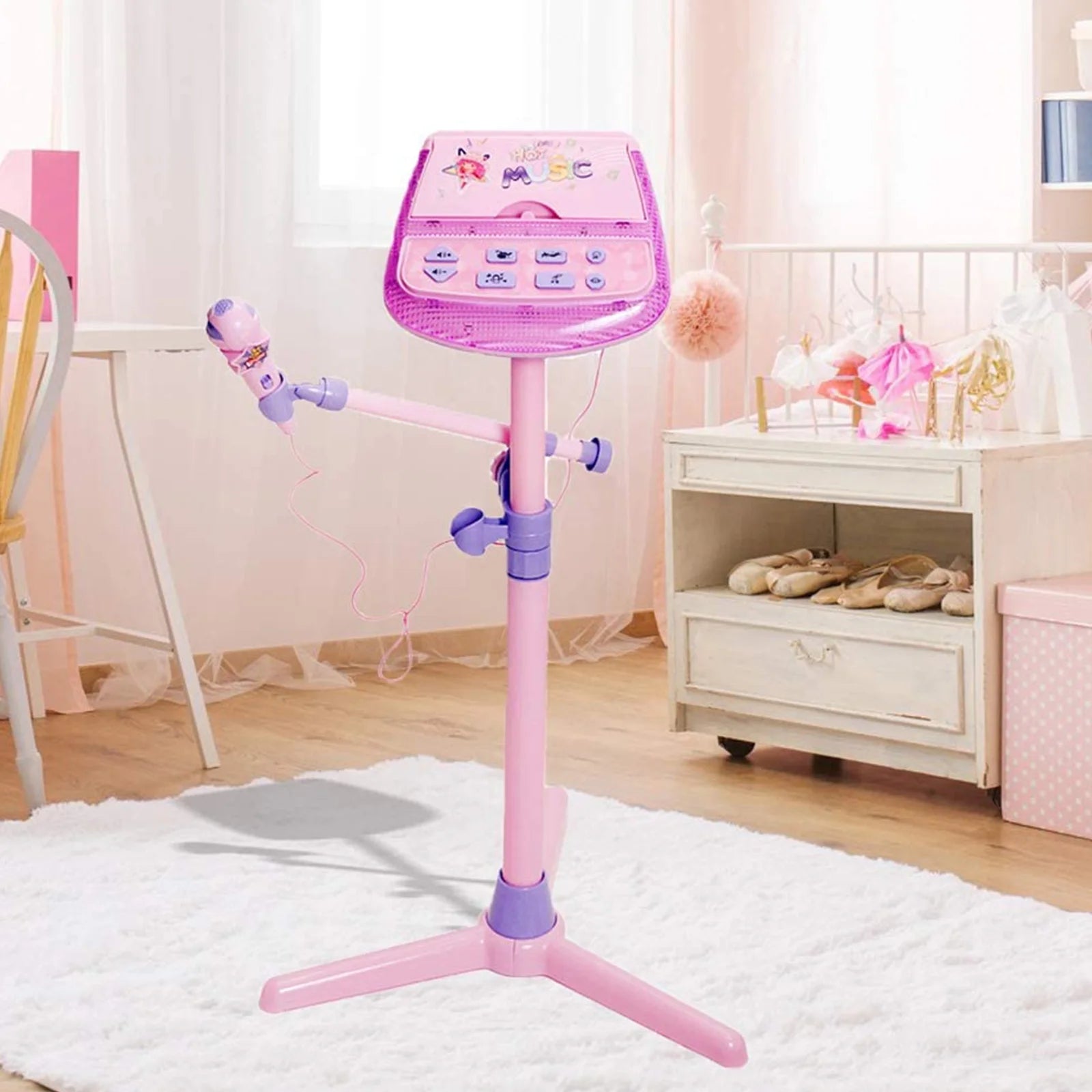 Kids Karaoke Machine Microphone Musical Toys - Girls Pink Singing Karaoke Adjustable Stand Music Instruments Sound & Flashing Lights Toy