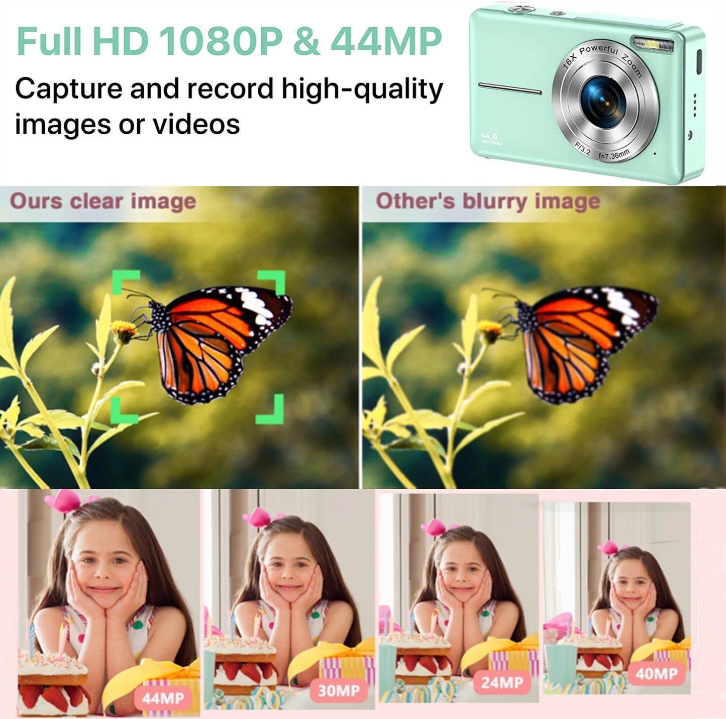 Compact 1080P Digital Camera with 16X Zoom - Perfect Starter Camera for Teens, Students, and Seniors (Green)