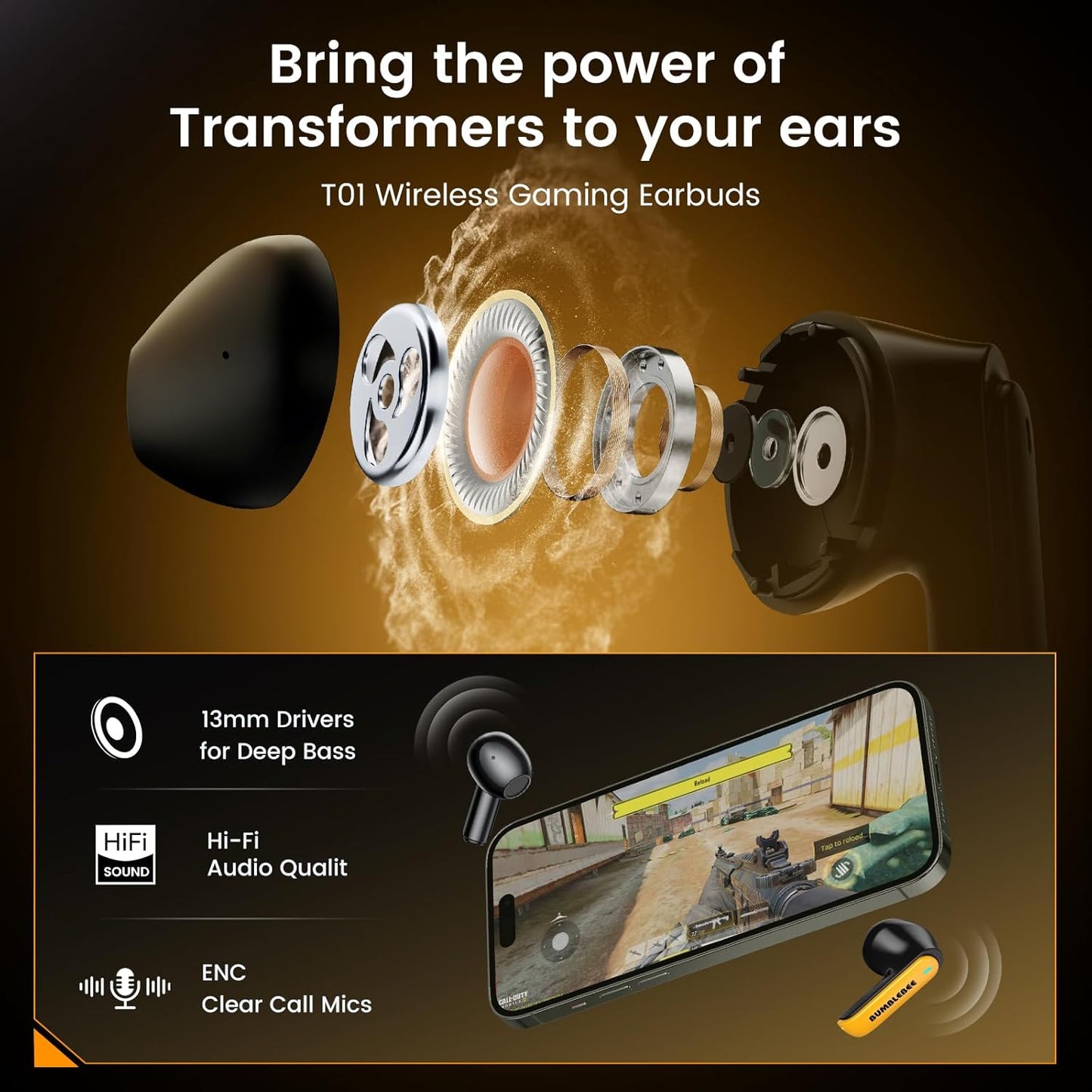 Transform Your Sound Experience with Bumblebee Bluetooth 5.4 Wireless Earbuds | Noise Cancelling, Durable Alloy Case, Perfect for Gaming & Daily Commutes in Striking Yellow