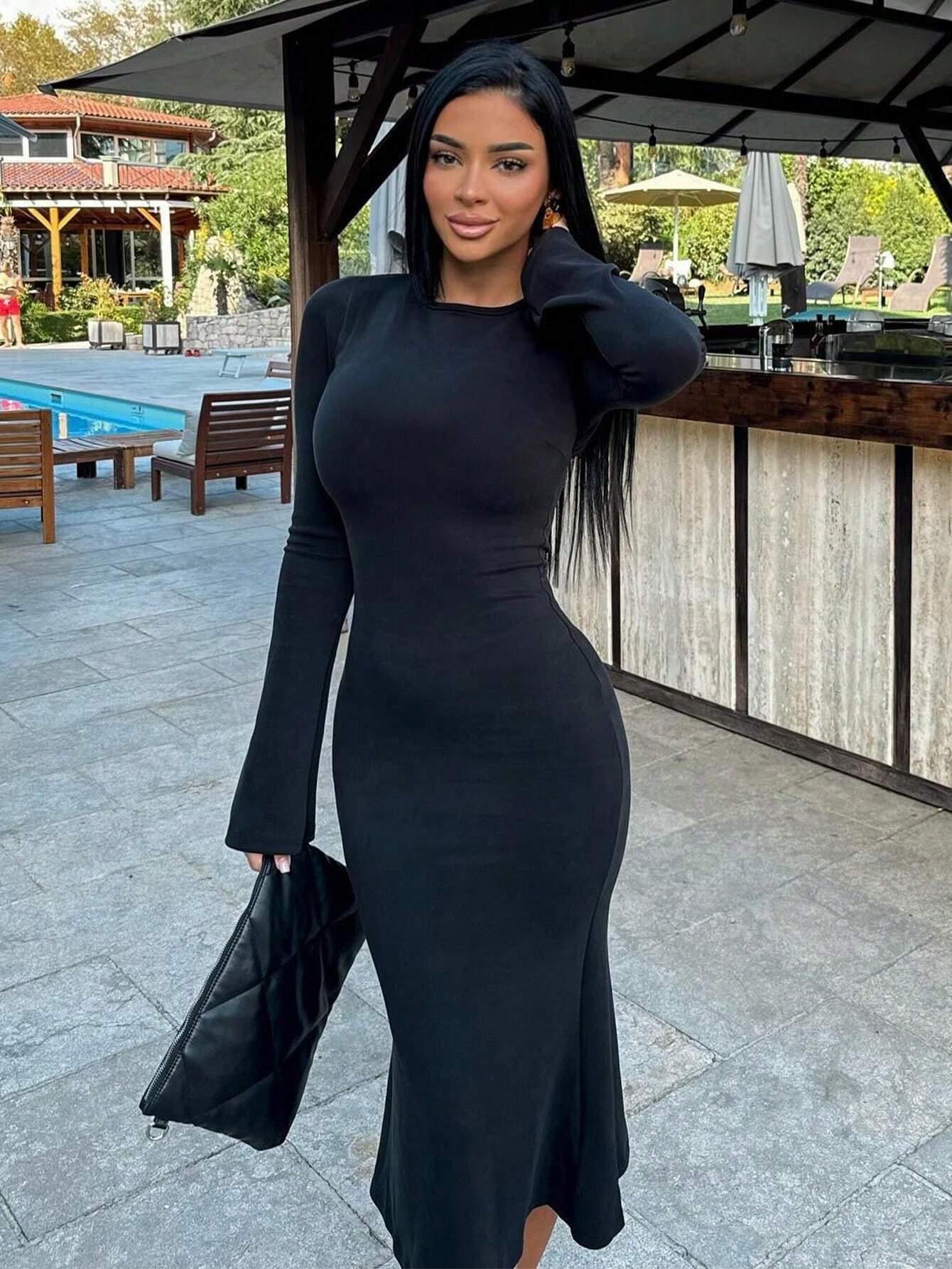 INAWLY SHEIN Ezwear Solid Scoop Neck Bodycon Dress