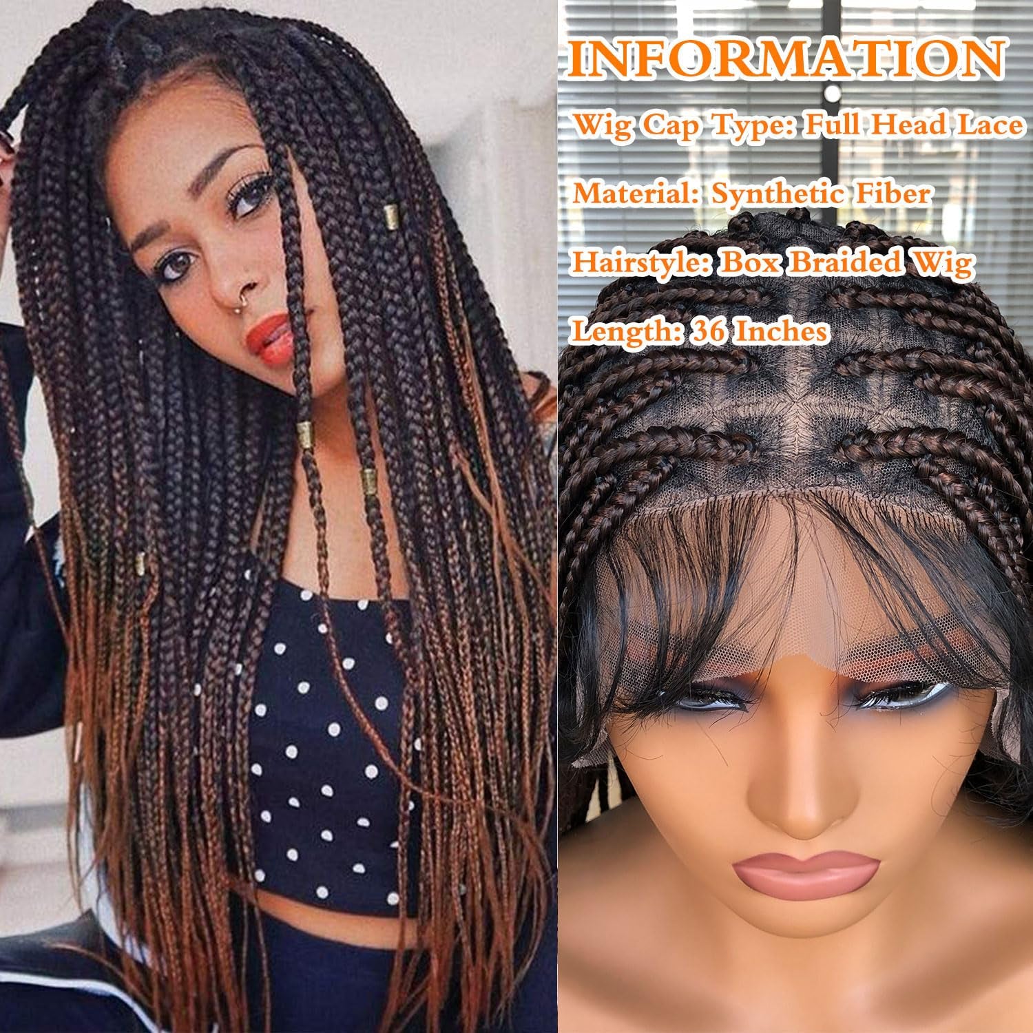 Runm 36" Ombre Brown Full Lace Front Box Braided Wig for Black Women - Hand Braided Synthetic Wig with Baby Hair