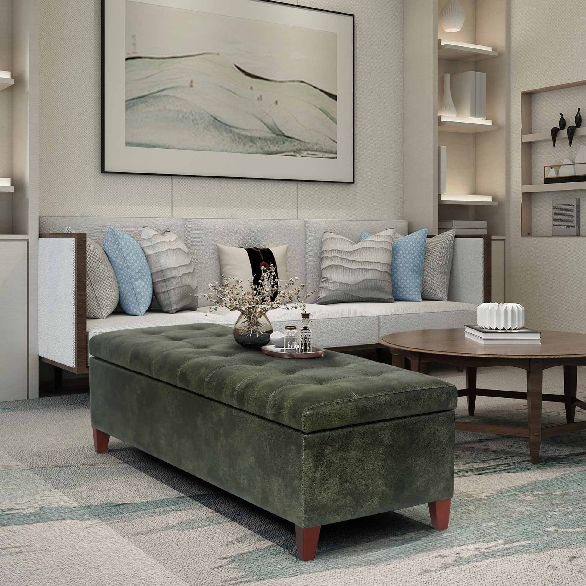 Adeco 50" Bonded Leather Storage Ottoman Bench Dark Green Faux Leather,Bonded Leather Large Americana,Modern & Contemporary Faux Leather