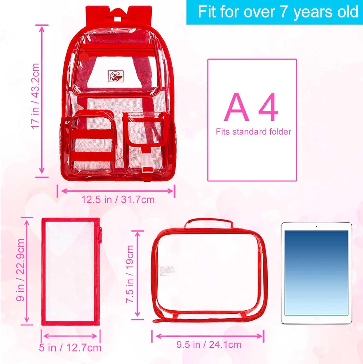 3Pcs Clear Backpack for Girls, Transparent Bookbag Heavy Duty See through Backpacks
