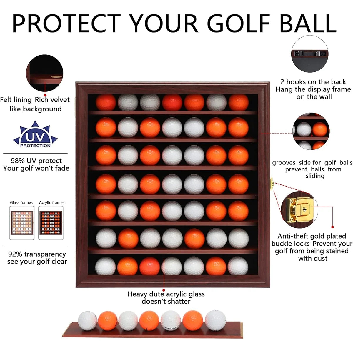 49 Golf Ball Display Case Cabinet Wall-Golf Ball Display Rack ,Golf Gift for Golf Enthusiast Collectibles with 98% UV Protection Acrylic Door, Red