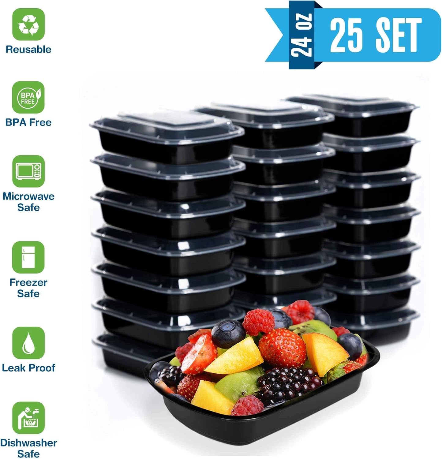 25-Pack Reusable Meal Prep Containers with Lids - 24oz Bento Boxes for Food Storage, Portion Control, Stackable, Microwave, Dishwasher & Freezer Safe