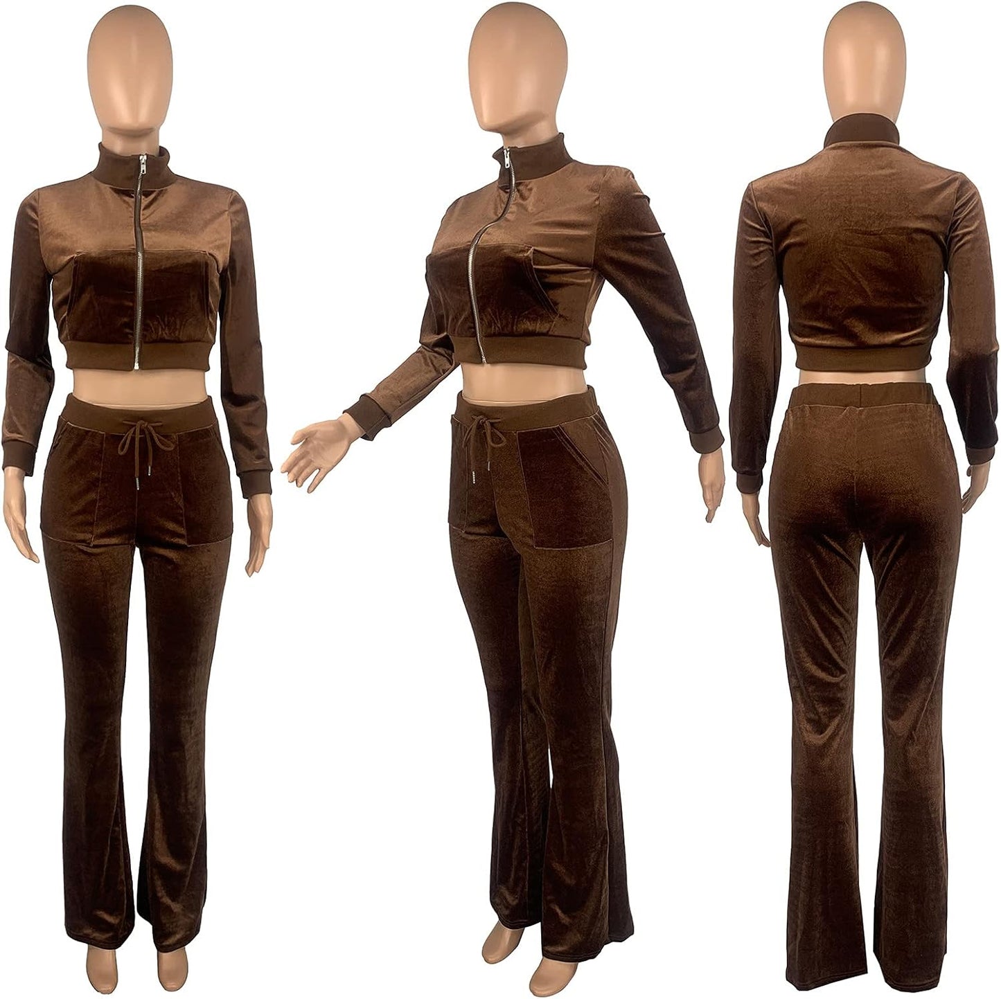 Chic Velvet 2 Piece Set - Stylish Hooded Crop Top and Wide Leg Pants for Women