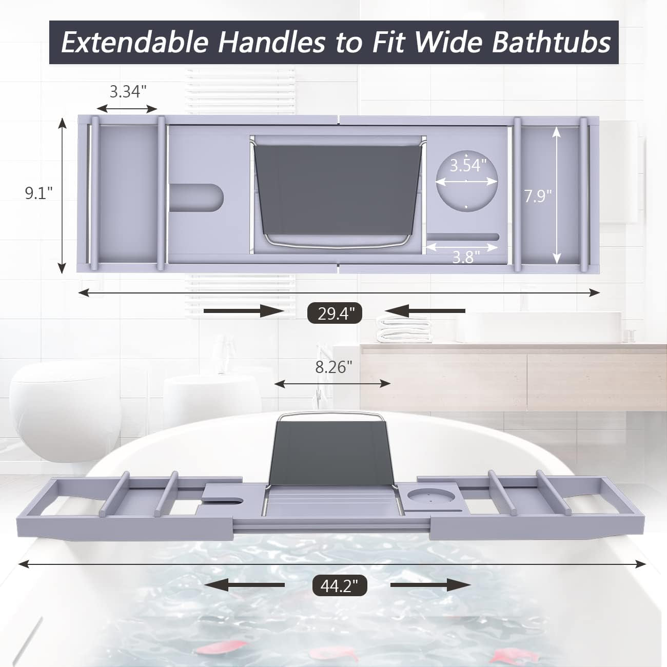 Bathtub Caddy Tray Expandable Bamboo Tub Tray for Luxury Bath with Book Holder and Free Soap Dish (Gray, 29.4"-44.2"X 9.1"X1.65")