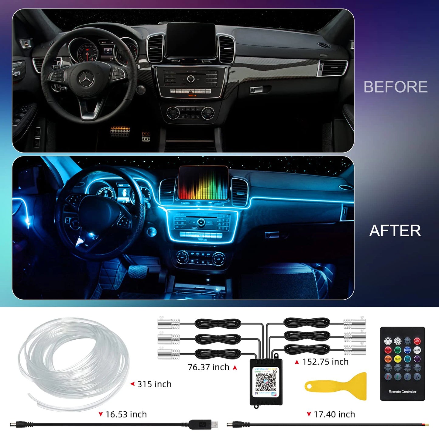 Transform Your Ride with RGB LED Car Interior Ambient Strip Lights - APP Remote Control & Fiber Optic Neon Atmosphere Kit!