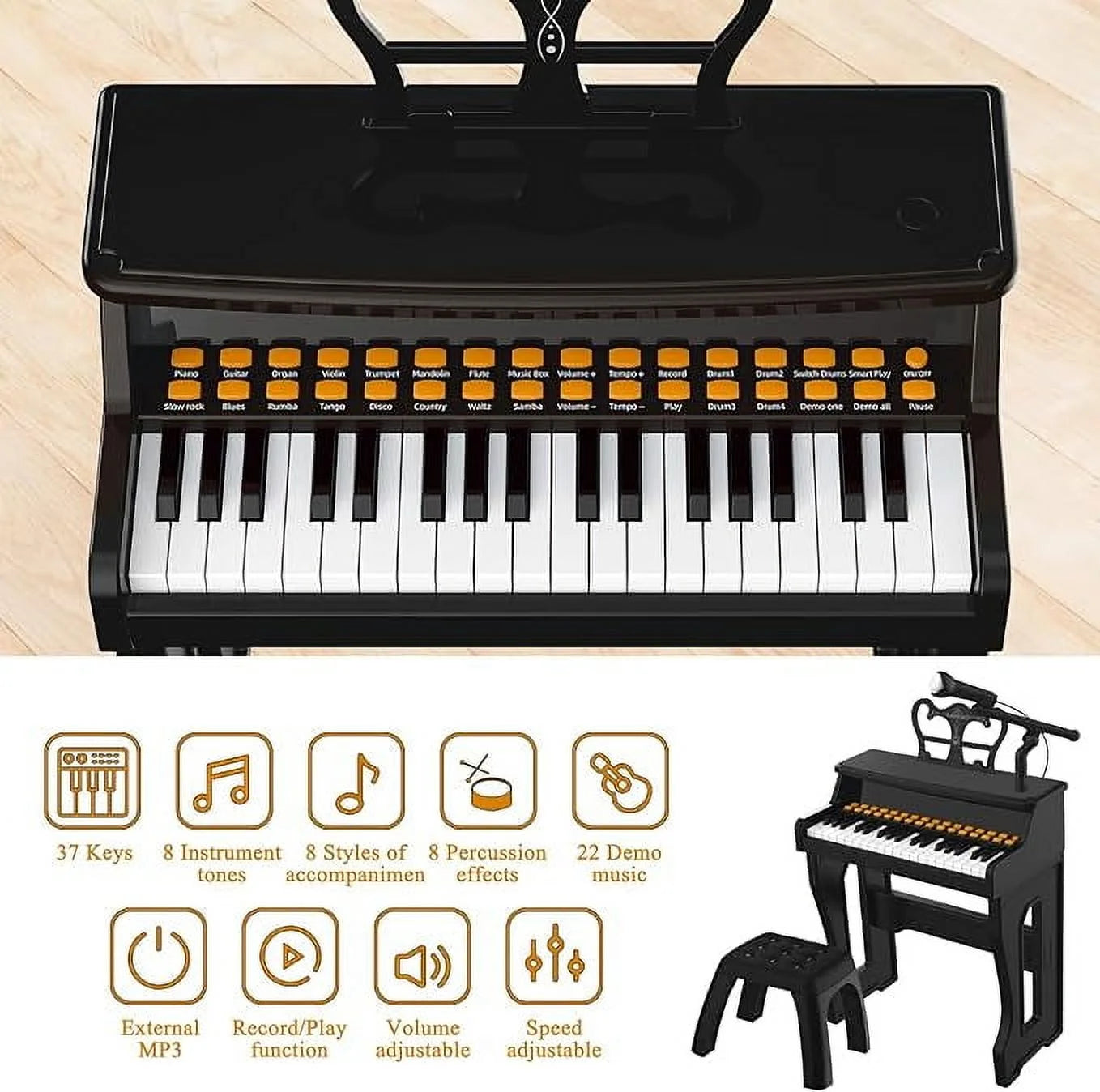 37 Keys Piano for Kids, Electronic Musical Instrument Toys for Baby, Mini Piano Tools for Beginners, Gifts for Age 3 +, Black
