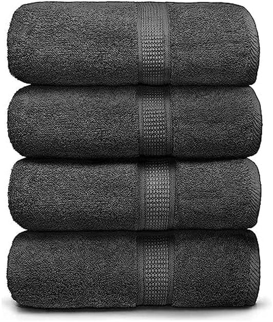 Luxurious Grey Bath Towel Set of 4 - 100% Cotton, Extra Soft & Highly Absorbent, Perfect for Home, Gym, Pool, and Spa - 30 x 52 Inches