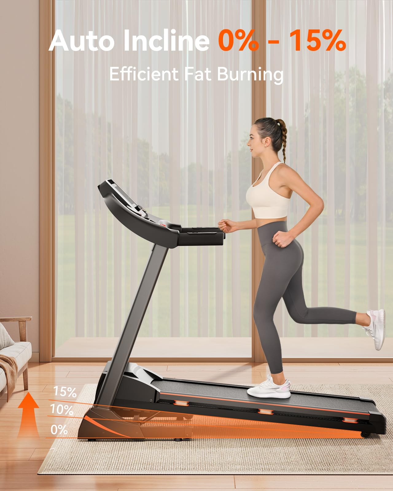 RENESTAR Treadmills for Home, Treadmill with 0-15% Auto Incline, 3HP Folding Treadmills for Running Walking with 300LBS Weight Capacity, Incline Treadmill Equipped with Bluetooth & Pulse Monitor