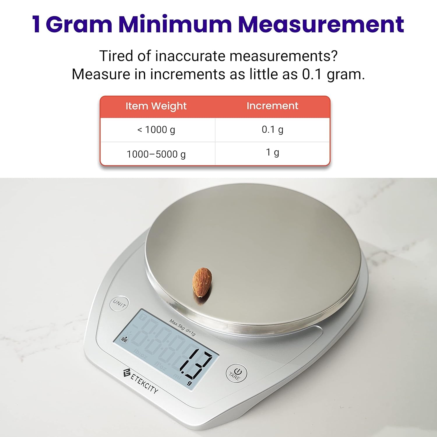0.1G Food Kitchen Scale, Bowl, Digital Grams and Ounces for Weight Loss, Dieting, Baking, Cooking, and Meal Prep, 11Lb/5Kg, Stainless Steel Silver