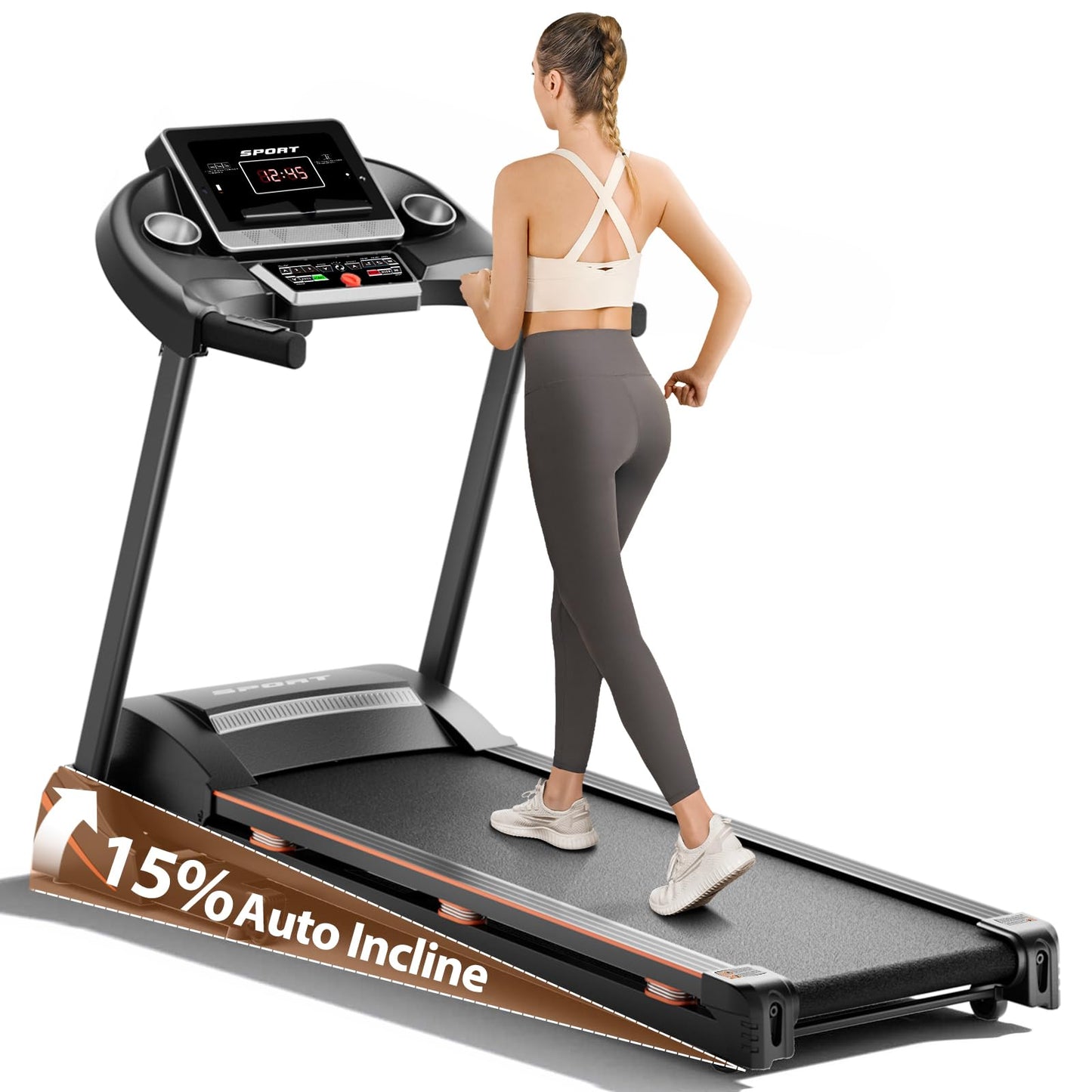RENESTAR Treadmills for Home, Treadmill with 0-15% Auto Incline, 3HP Folding Treadmills for Running Walking with 300LBS Weight Capacity, Incline Treadmill Equipped with Bluetooth & Pulse Monitor