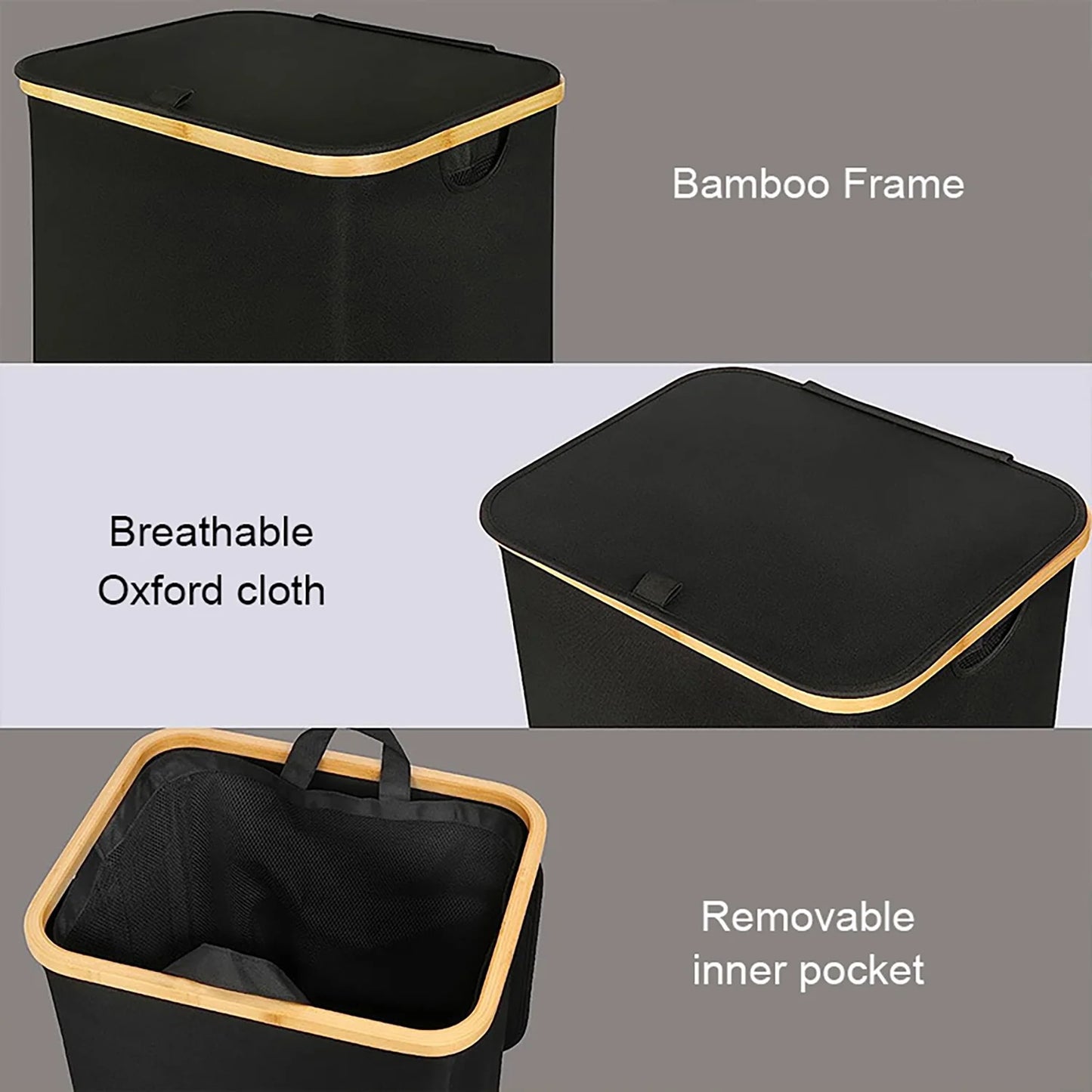 Stylish 100L Black Laundry Hamper with Lid and Bamboo Handles - Perfect for Organizing Clothes and Toys with Removable Inner Bag!