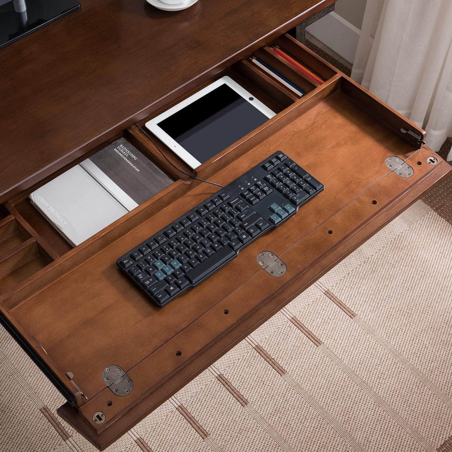 Stylish and Functional 11400 Empiria Metal and Wood Laptop Desk with Convenient Drop Front Keyboard Drawer in Walnut and Foundry Bronze