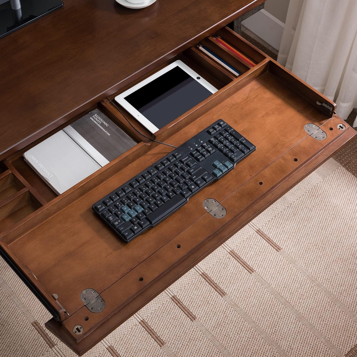 Stylish and Functional 11400 Empiria Metal and Wood Laptop Desk with Convenient Drop Front Keyboard Drawer in Walnut and Foundry Bronze