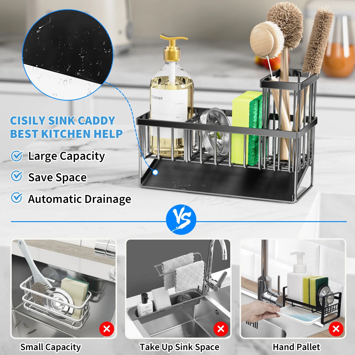 Cisily Kitchen Item Sink Caddy Kitchen Organizer, Sponge Holder for Kitchen Sink, Drain on an Incline Kitchen Sink Organizer,Rust-Resistant Metal Black Sink Caddy,Sink Caddy with Brush Holder