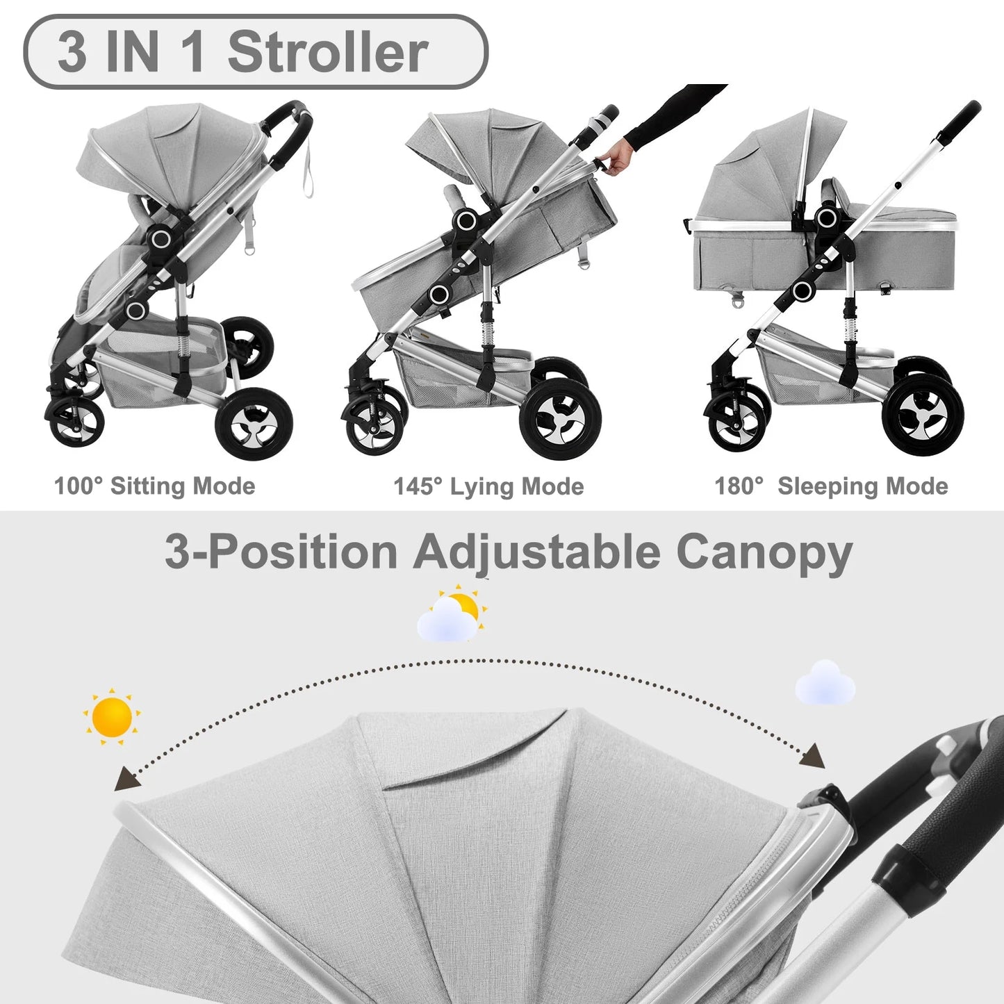 3-In-1 Convertible Baby Stroller with Big Seat and Adjustable Canopy, 24 Pound, Light Grey