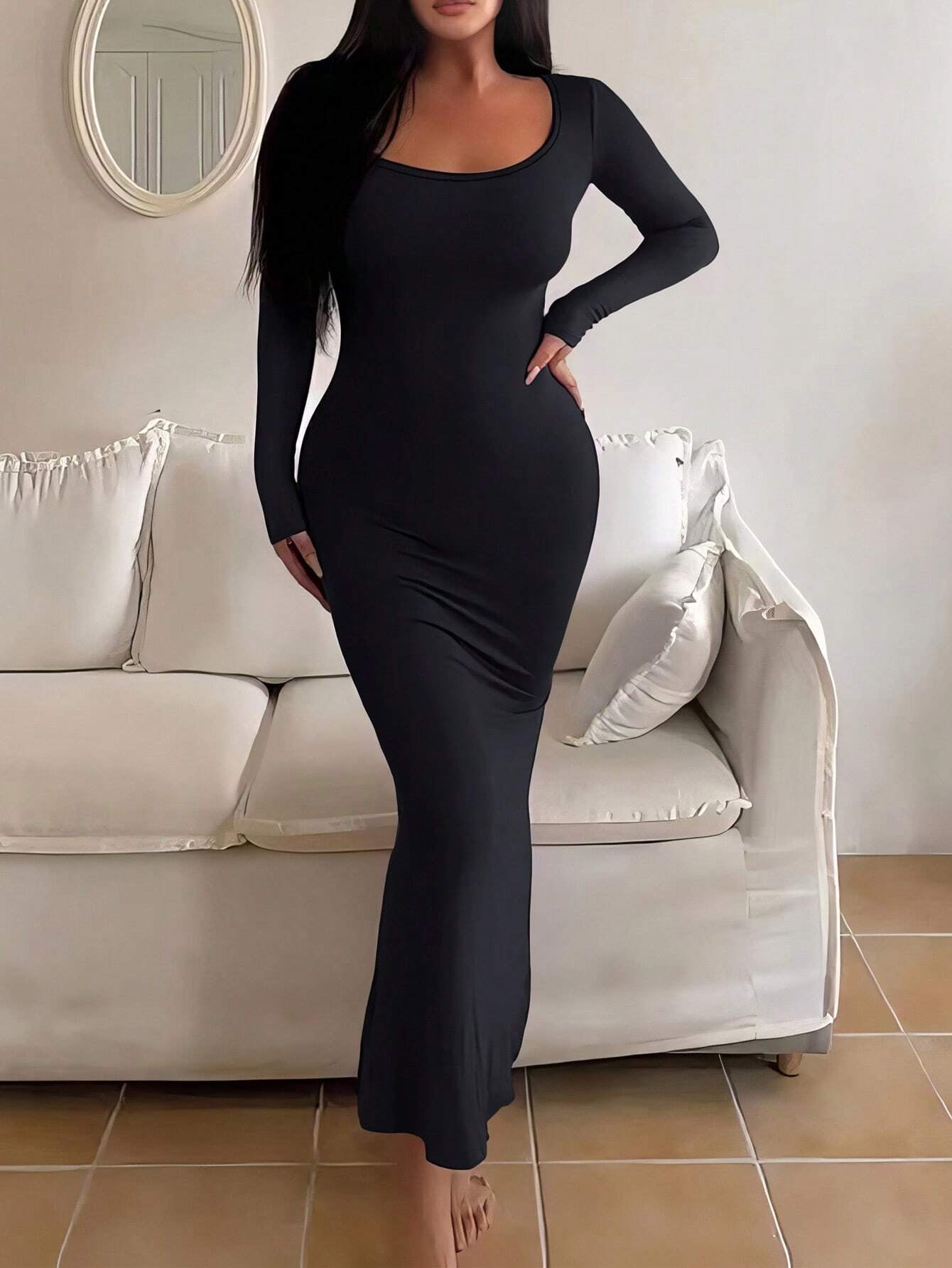 INAWLY SHEIN Ezwear Solid Scoop Neck Bodycon Dress