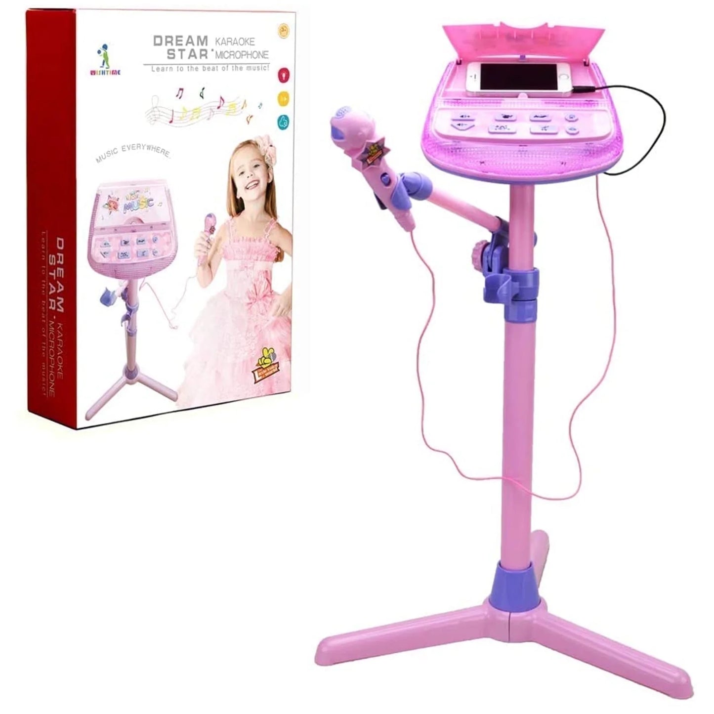Kids Karaoke Machine Microphone Musical Toys - Girls Pink Singing Karaoke Adjustable Stand Music Instruments Sound & Flashing Lights Toy