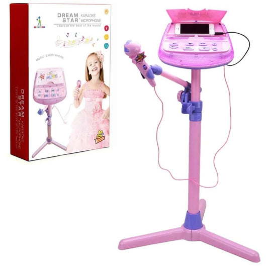 Kids Karaoke Machine Microphone Musical Toys - Girls Pink Singing Karaoke Adjustable Stand Music Instruments Sound & Flashing Lights Toy