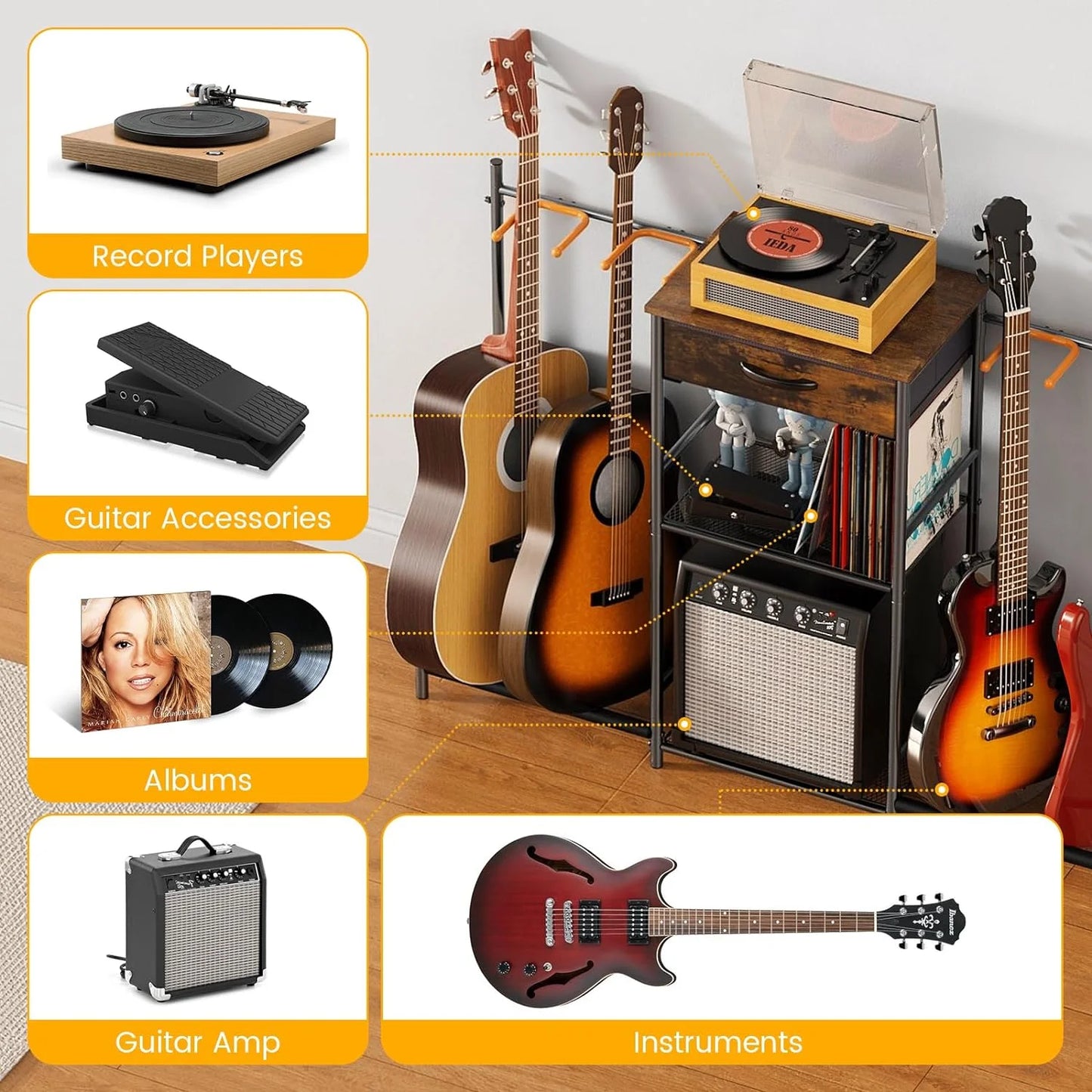 4-Tier Adjustable Guitar Stand with Amp Holder & Cloth Drawer - Perfect Display for Music Rooms & Home Studios