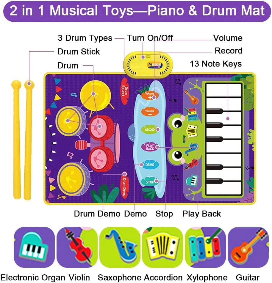 2 in 1 Musical Mat for Toddlers 1-3, Piano Keyboard & Drum Mat, Musical Play Mat Toddler Toys Age 1-2, Baby Learning Toys for 1 Year Old Birthday Gifts for 1 2 3 Year Old Girls