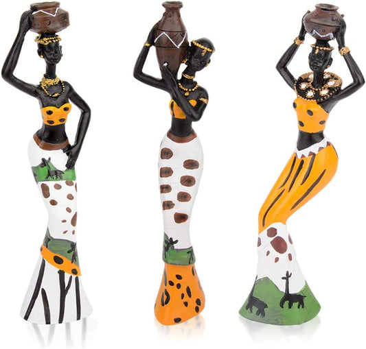 Exquisite 3-Pack Vintage African Statues - Handcrafted Tribal Lady Figurines for Unique Home Decor - Perfect Room Accent for Women in Yellow