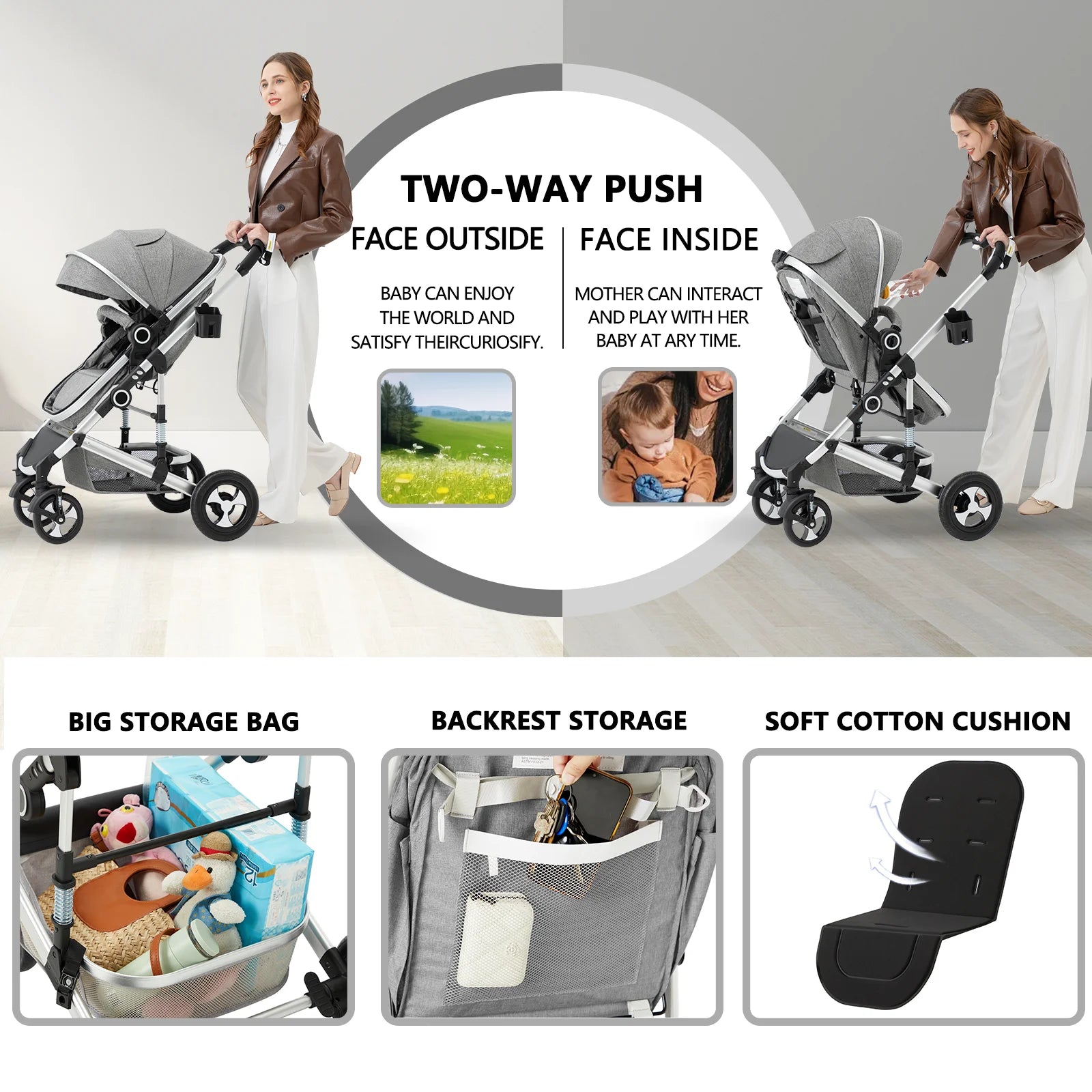 3-In-1 Convertible Baby Stroller with Big Seat and Adjustable Canopy, 24 Pound, Light Grey