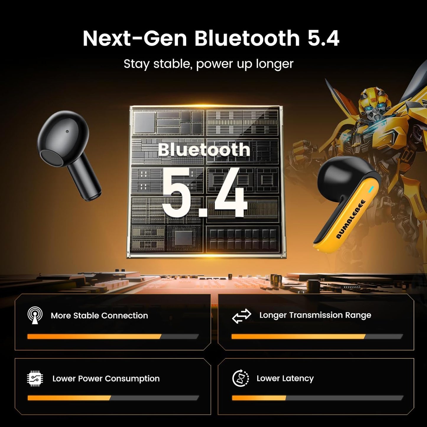 Transform Your Sound Experience with Bumblebee Bluetooth 5.4 Wireless Earbuds | Noise Cancelling, Durable Alloy Case, Perfect for Gaming & Daily Commutes in Striking Yellow
