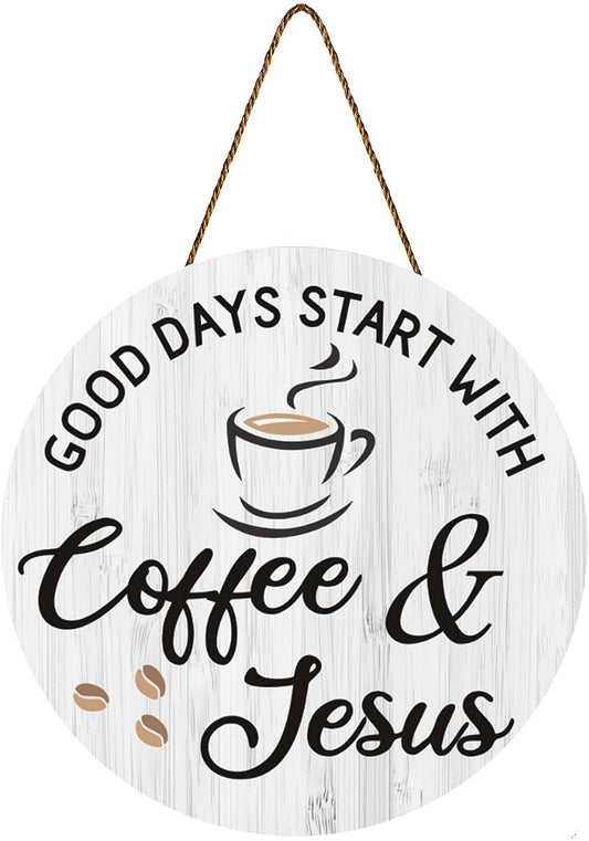 Inspirational Coffee Bar Decor - "Good Days Start with Jesus" Sign for Cafe, 12" x 12"