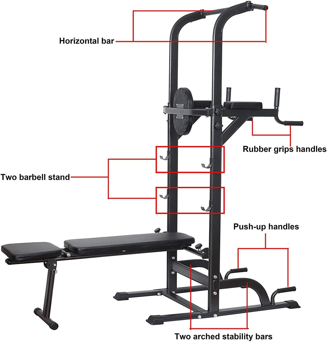 High Capacity Power Tower Dip Station - 800Lbs, Adjustable Heavy Duty Steel Multi-Function Fitness Equipment for Home Gym - Includes Weight Sit Up Bench (White)