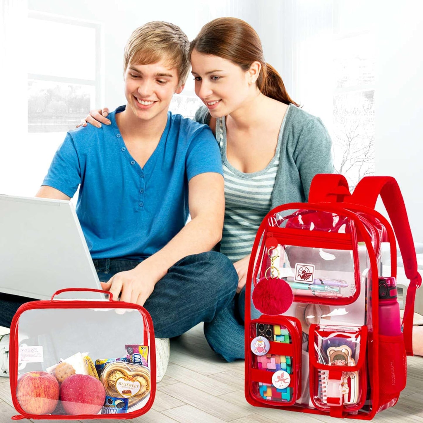 3Pcs Clear Backpack for Girls, Transparent Bookbag Heavy Duty See through Backpacks