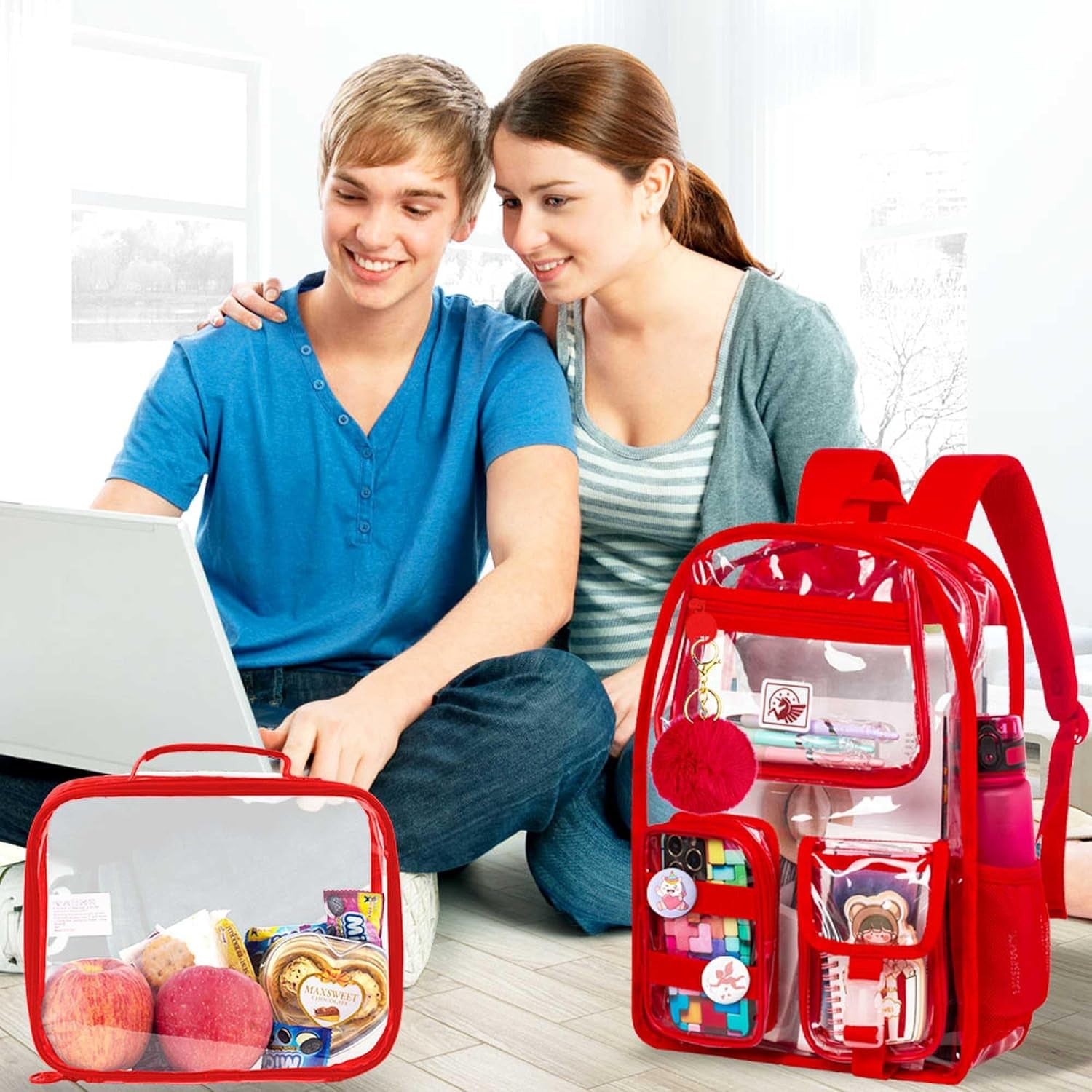 3Pcs Clear Backpack for Girls, Transparent Bookbag Heavy Duty See through Backpacks