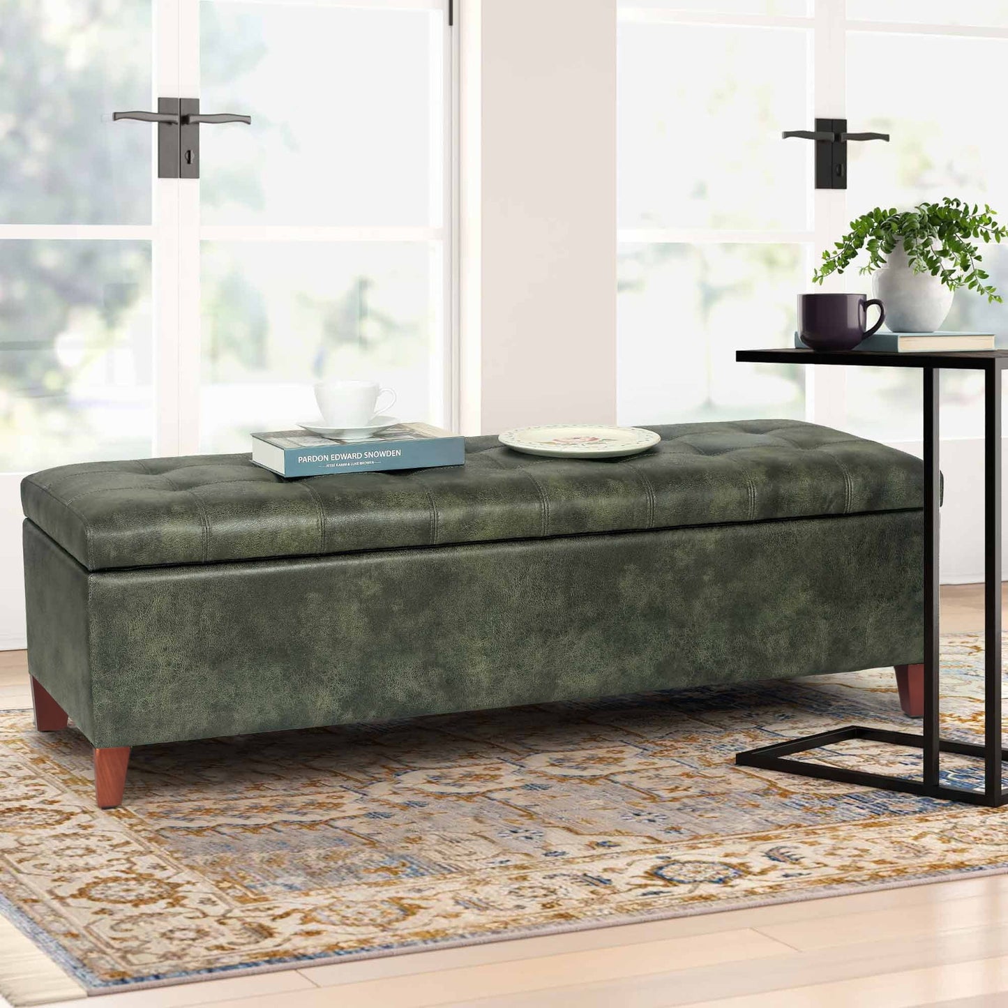 Adeco 50" Bonded Leather Storage Ottoman Bench Dark Green Faux Leather,Bonded Leather Large Americana,Modern & Contemporary Faux Leather