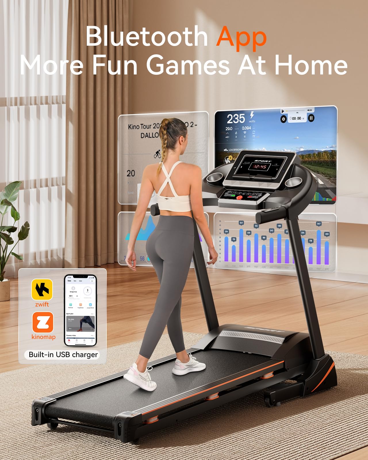 RENESTAR Treadmills for Home, Treadmill with 0-15% Auto Incline, 3HP Folding Treadmills for Running Walking with 300LBS Weight Capacity, Incline Treadmill Equipped with Bluetooth & Pulse Monitor