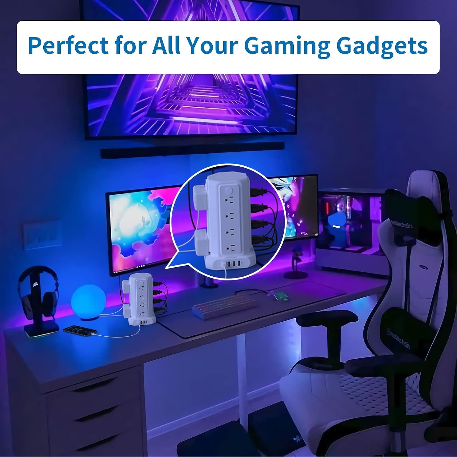 Power Up Your Space: 10 FT Extension Cord Power Strip Tower with 16 Outlets, 4 USB Ports, and Surge Protection - Perfect for Home, Office, and Dorm!