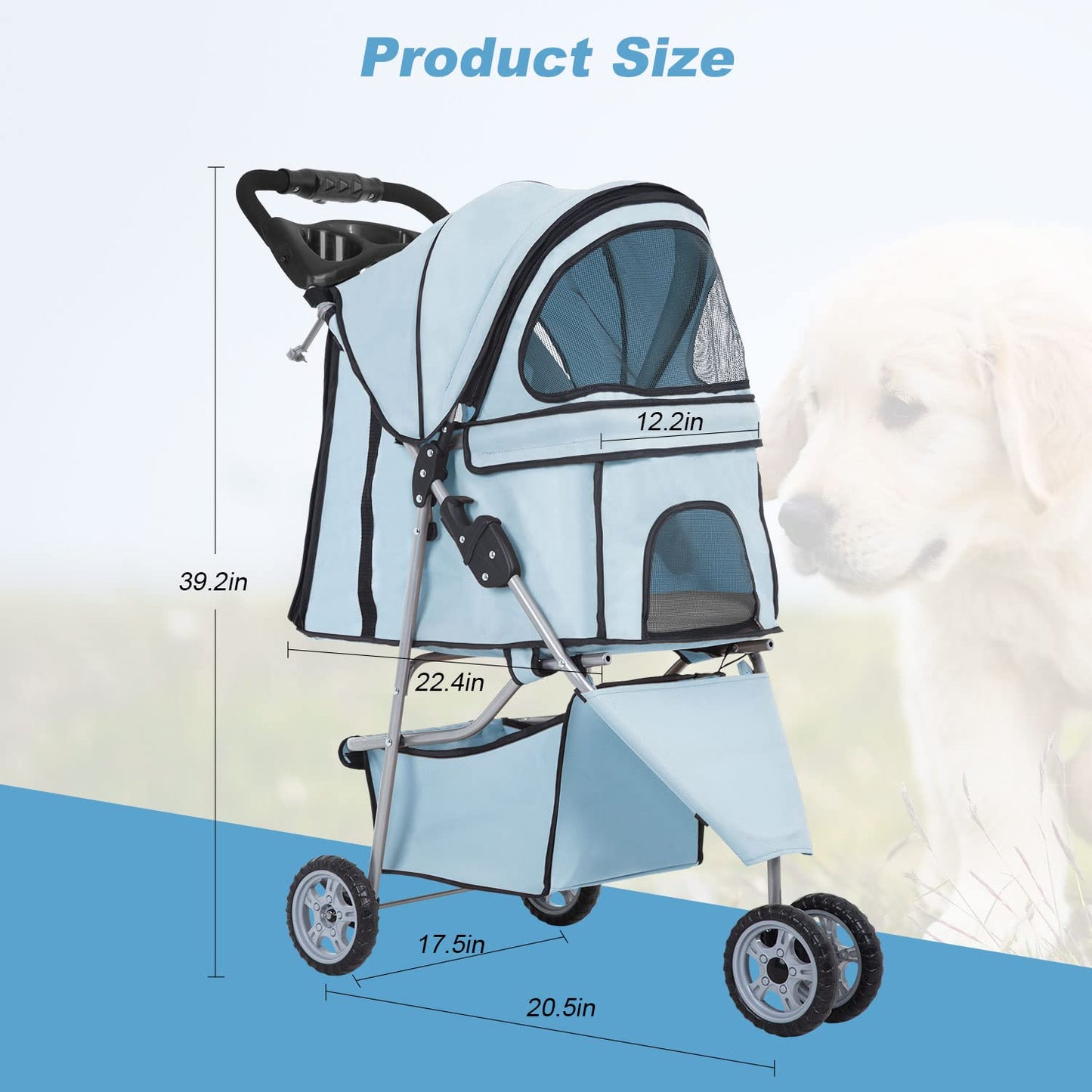 Light Blue 3-Wheel Pet Stroller for Dogs & Cats - Foldable, Waterproof Travel Carrier with Cup Holder - Ideal for Medium & Small Pets