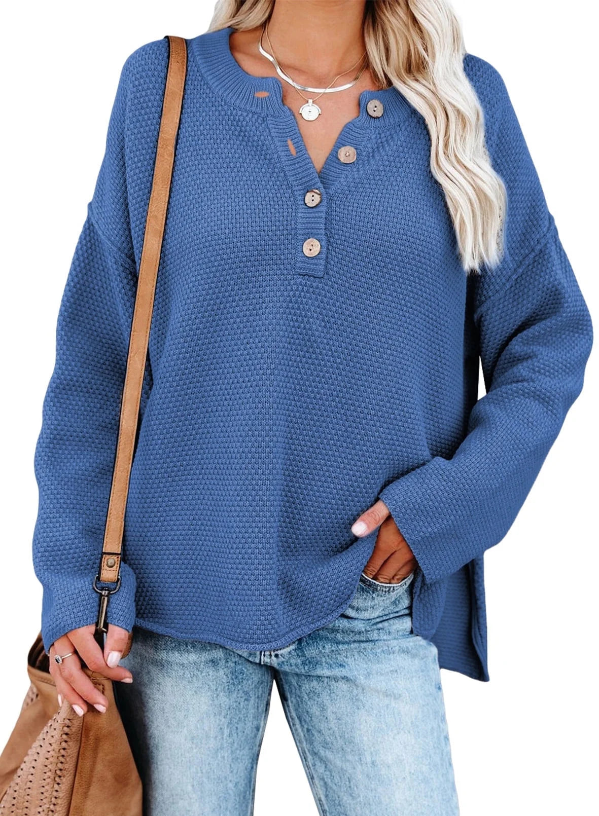 Elevate Your Autumn Wardrobe with Our Stylish Women’s Solid Blue Waffle Knit Pullover Sweater - Perfect for Layering!