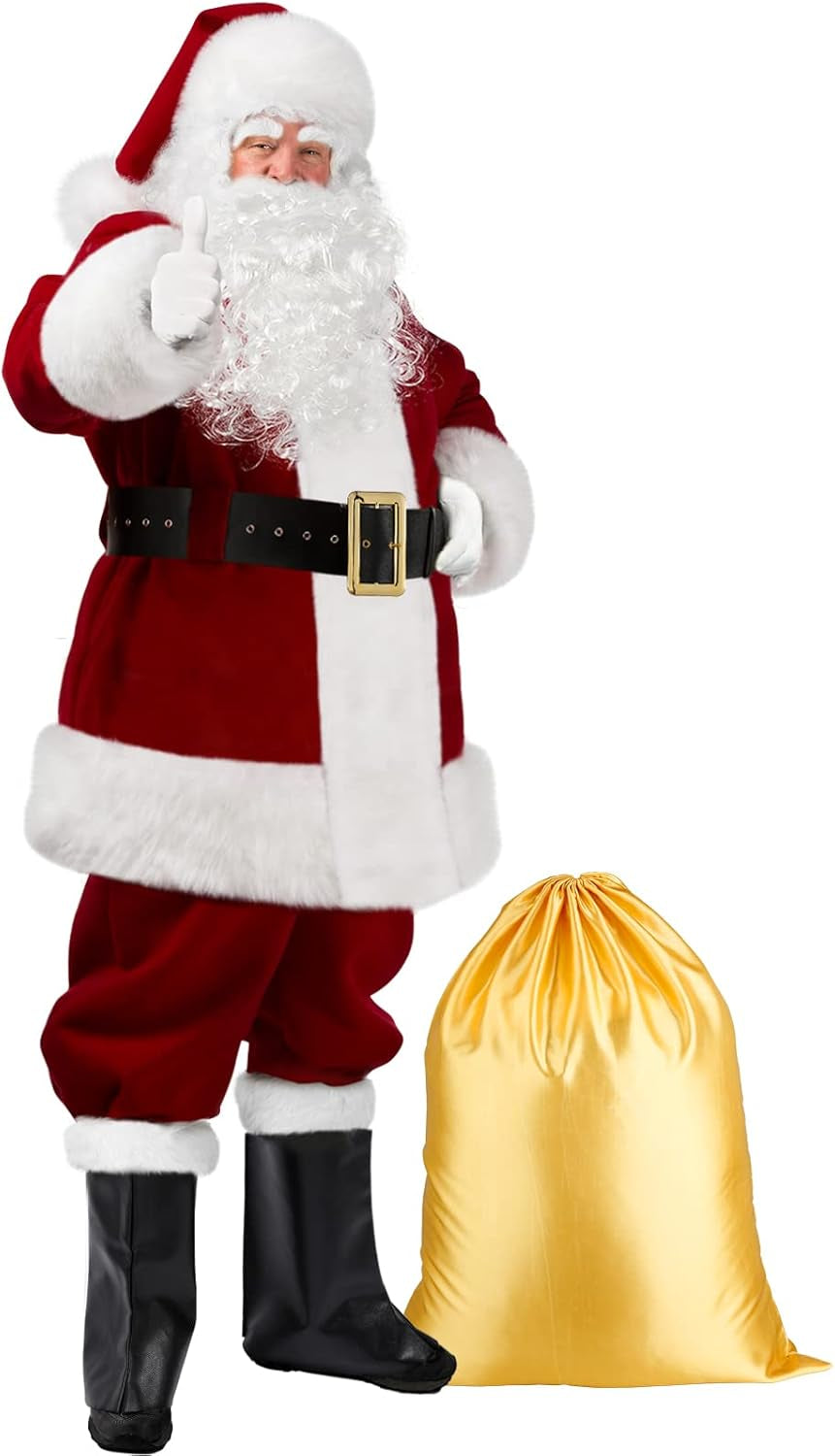Transform Into Santa This Christmas with Our Deluxe 9-Piece Santa Claus Costume for Men - Complete Velvet Suit with Accessories!