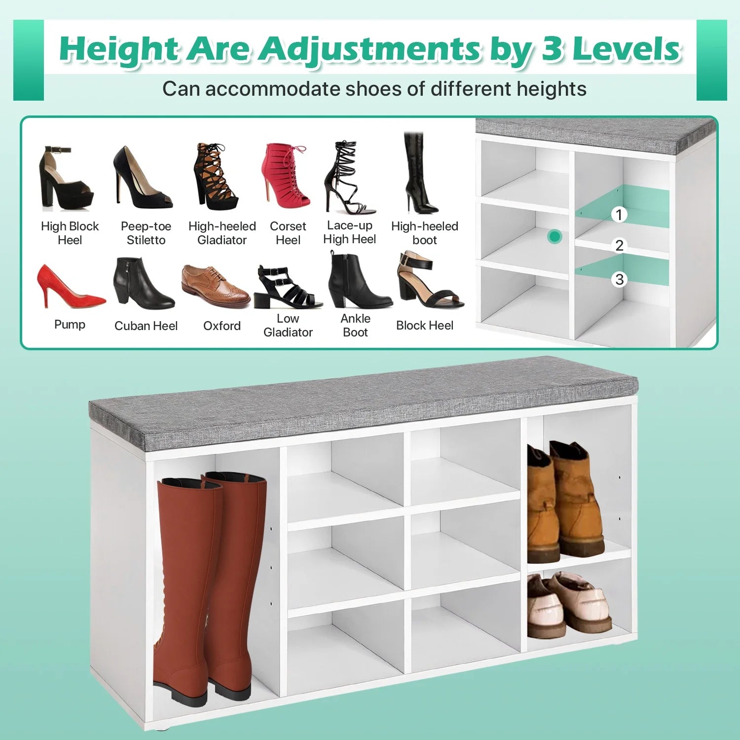 Shoe Bench Entryway Bench with Shoe Storage Shoe Rack Organizer 10 Compartments Storage Bench with 1.2 Inch Cushion Adjustable Shelves for Entryway,Living Room, Bedroom (White)